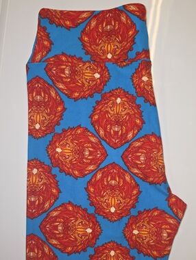 LuLaRoe Blue Leggings with Red and Orange Lion Faces